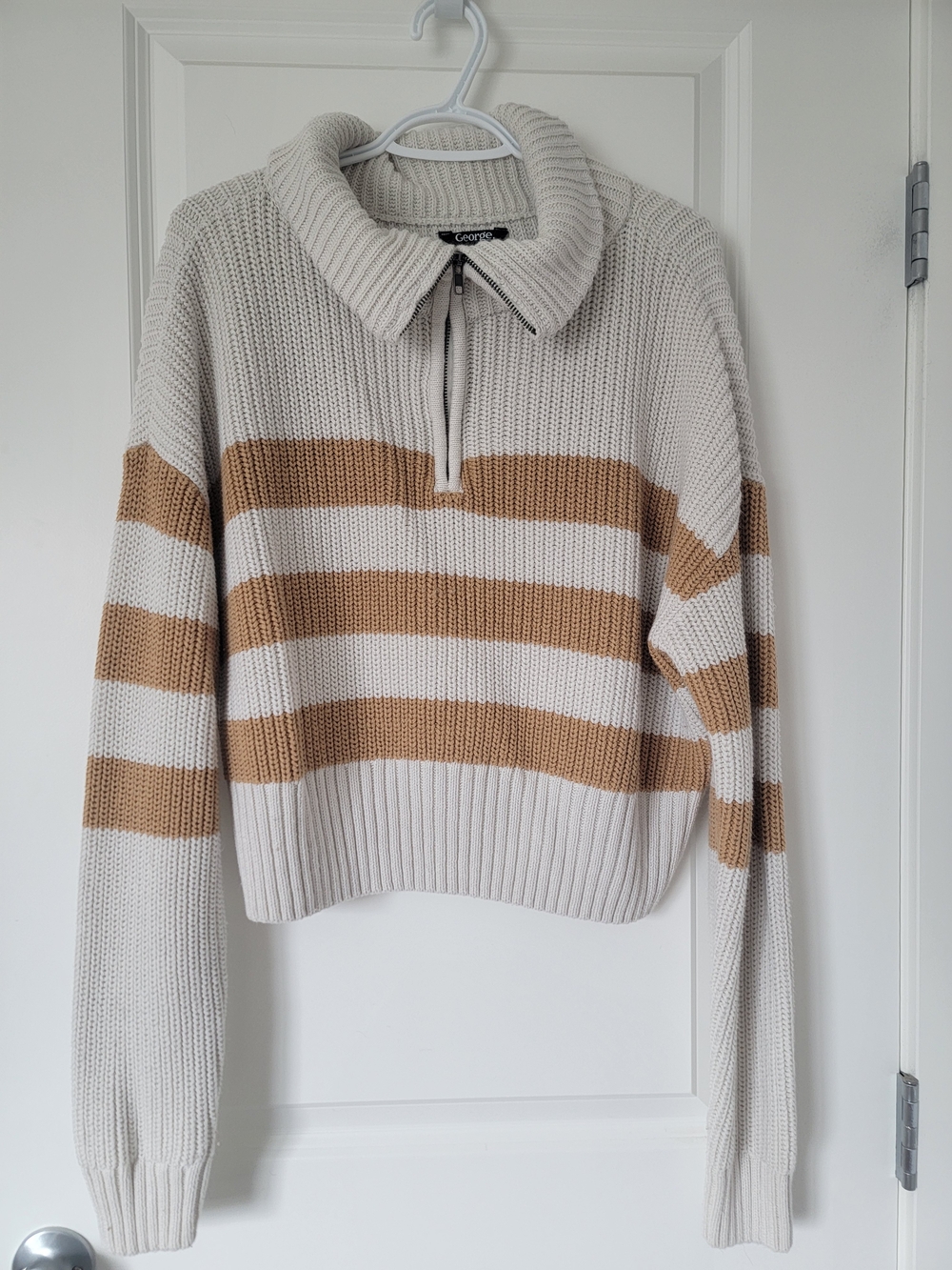 George Cream and Tan Striped Zip Funnel Pullover